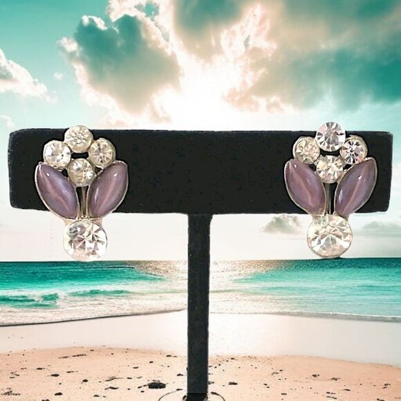 Victorian Rhinestone Earrings Purple Art Deco Lavender Screw Back Silver Tone - Picture 14 of 15